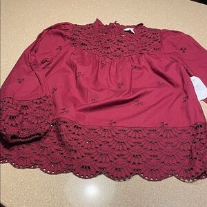 Time and Tru Burgundy Eyelet Lace Yoke Blouse